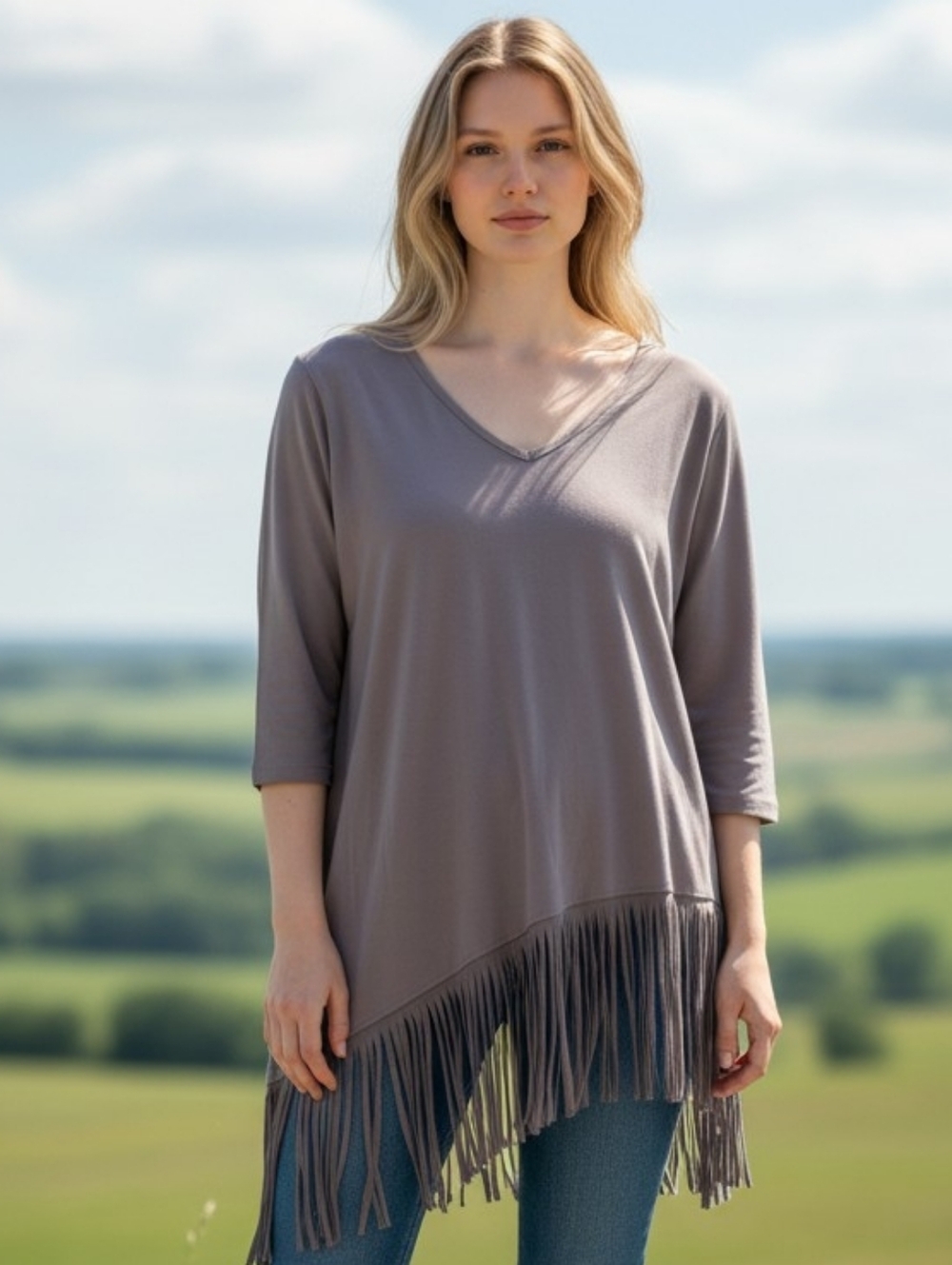 D2G Women's Taupe V-Neck Fringe Tunic Top 6036